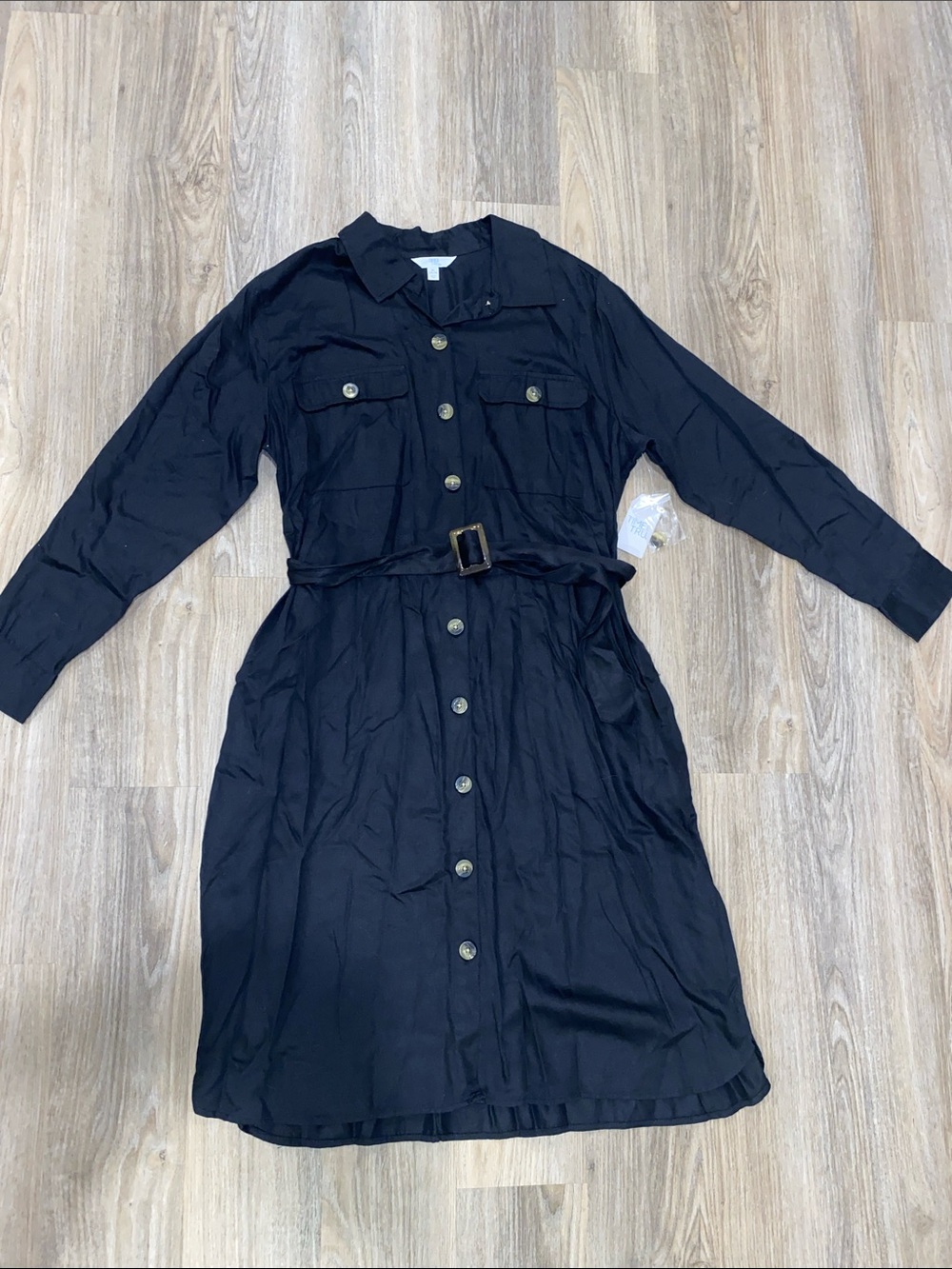 Time and Tru Black Long Sleeve Button-Front Shirt Dress with Belt
